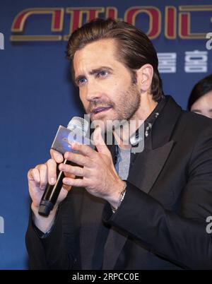 (190630) -- SEOUL, 30. Juni 2019 -- Schauspieler Jake Gyllenhaal spricht während einer Pressekonferenz zum Film Spider-man: Far From Home in Seoul, Südkorea, 30. Juni 2019. Der Film wird am 2. Juli in Südkorea veröffentlicht. ) SÜDKOREA-SEOUL-MOVIE-SPIDER-MAN: FERN VON ZU HAUSE -PROMOTION LEEXSANG-HO PUBLICATIONXNOTXINXCHN Stockfoto