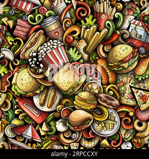 Das nahtlose Cartoon-Doodle-Muster zeigt eine Vielzahl von Fastfood-Objekten und -Symbolen. Skurriler verspielter Junk Food bunter Hintergrund für Druck auf dem Bildschirm Stock Vektor