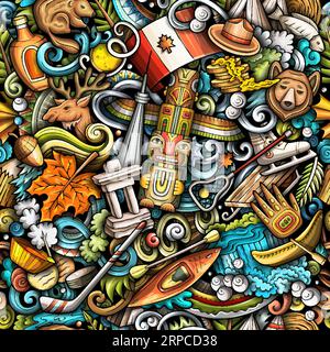 Cartoon doodles Canada seamless pattern. Backdrop with local Canadian culture symbols and items. Colorful background for print on fabric, textile, gre Stock Vector