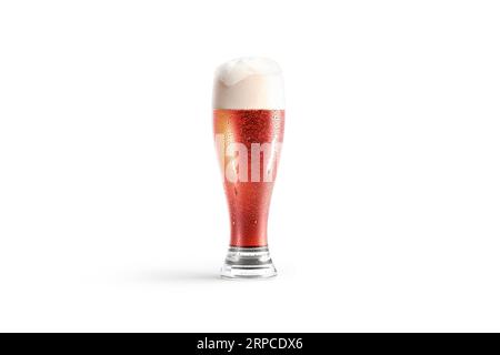 Leeres Modell aus transparentem rotem Bierglas, Vorderansicht, 3D-Rendering. Leeres Handwerk oder bernsteinfarbener Schaum Alchohol in Becher mit Drops Mock up, isoliert. Klare Zubereitung Stockfoto