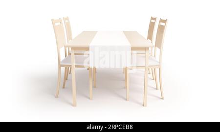 Leerer Holztisch mit weißem Zweitmodell, Vorderansicht, 3D-Rendering. Leere Stoffserviette auf Küchengeschirr aus Holz, isoliert. Klare Einrichtung Stockfoto