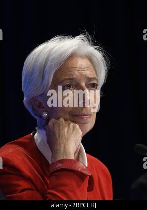 (190702) -- WASHINGTON, 2. Juli 2019 -- Aktenfoto vom 11. April 2019 zeigt Christine Lagarde, Geschäftsführerin des Internationalen Währungsfonds (IWF), Teilnahme an einer Pressekonferenz auf den Frühjahrstagungen des IWF und der Weltbank in Washington D.C., USA. Christine Lagarde sagte am Dienstag, dass sie die Ehre habe, für die Präsidentschaft der Europäischen Zentralbank (EZB) nominiert worden zu sein, und hat beschlossen, während der Nominierungszeit vorübergehend von der IWF-Führung zurückzutreten. ) FILE-U.S.-WASHINGTON D.C.-CHRISTINE LAGARDE-ECB-NOMINATION LIUXJIE PUBLICATIONXNOTXINXCHN Stockfoto