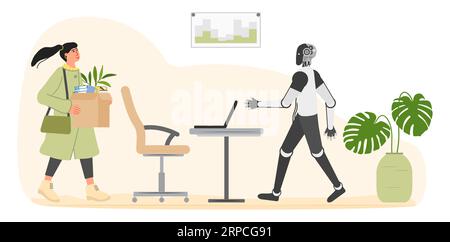 Das Mädchen kommt mit Box zur Arbeit. Roboter trifft sich, streckt ihre Hand zur Begrüßung aus. Personalbeschaffung. Zusammenarbeit, gemeinsame Arbeit. Bürokonzept. Stellen Sie bei ein Stock Vektor