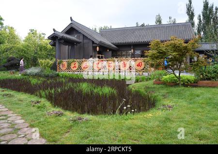 (190708) -- PEKING, 8. Juli 2019 -- Touristen besuchen den Hunan-Garten auf der Pekinger Internationalen Gartenausstellung in Peking, Hauptstadt von China, 7. Juli 2019. Die Provinz Hunan liegt in Zentralchina und ist für ihre abwechslungsreiche Topographie bekannt. Er grenzt im Norden an den Dongting Lake, und die Ost-, Süd- und Westseite der Provinz sind von Bergen umgeben, mit den Wuling- und Xuefeng-Bergen im Westen, dem Nanling-Berg im Süden, den Luoxiao- und den Mufu-Bergen im Osten. Die Flüsse Xiangjiang, Zijiang, Yuanjiang und Lishui treffen auf dem Yangtze River am Dongting Lake im N zusammen Stockfoto