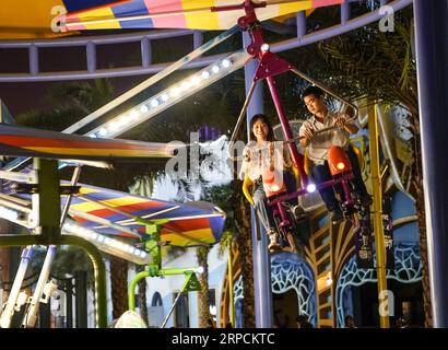 (190708) -- PEKING, 8. Juli 2019 -- Besucher genießen sich in einem Vergnügungspark in der Nacht in Chongqing, Südwestchina, 6. Juli 2019. ) XINHUA FOTOS DES TAGES LiuxChan PUBLICATIONxNOTxINxCHN Stockfoto