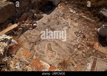 Mosaikreste auf dem Boden eines Standardhauses in der antiken Stadt Knidos, einer der ältesten Städte Anatoliens, Türkei Mugla Datca, Juni 26 2023 Stockfoto