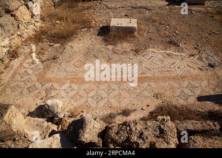 Mosaikreste auf dem Boden eines Standardhauses in der antiken Stadt Knidos, einer der ältesten Städte Anatoliens, Türkei Mugla Datca, Juni 26 2023 Stockfoto