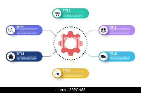 Infografik der Datenvisualisierung, Präsentationsdiagramm, abgerundete Schaltflächen für 6-stufige Getriebevorgänge Stock Vektor