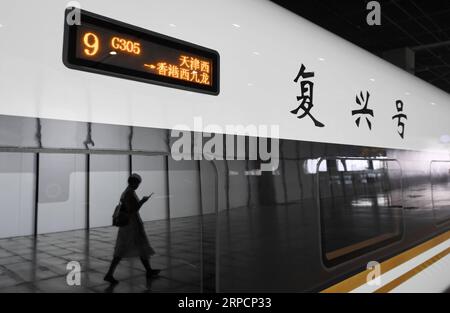 (190710) -- TIANJIN, 10. Juli 2019 -- A Passenger Walks to take bullet train G305 at Tianjin West Railway Station in North China s Tianjin, 10. Juli 2019. Mit mehr als 1.100 Passagieren fuhr der Hochgeschwindigkeitszug G305 um 10:58 Uhr von Tianjin ab und wird etwa 10 Stunden später in Hong Kong West Kowloon Station ankommen, so die Bahnbehörden von Tianjin. Die 2.450 km lange Strecke wird durch mehrere Bahnhöfe führen, darunter die Baiyangdian Station im Xiongan New Area. Ein Sitzplatz der zweiten Klasse für die 10-stündige Fahrt kostet 1.092,5 Yuan (ca. 159 US-Dollar). Xing Guangli) CHINA-TIANJIN-KUGEL Stockfoto