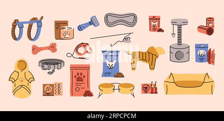 Gebrauchsgegenstände für Haustiere farbenfrohe Symbole. Haustiershop-Konzept. Vektorisolierte Elemente. Stock Vektor