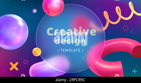 Transparenter mattierter Acrylkreis im Glasmorphismus-Effekt-Stil. Farbenfrohe 3D-realistische volumetrische Kugeln und verschiedene geometrische Formen unter Glasmorphismus-Rundplatte mit Unschärfe- und Gradienteneffekten Stock Vektor