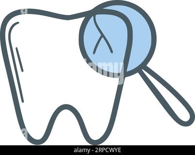 Handgezeichneter Zahn mit kariesisolierter Vektorillustration. Zahnärztliche Untersuchung eines erkrankten Zahnes, Doodle-Sketch-Stil. Zahn unter Lupe, Stock Vektor