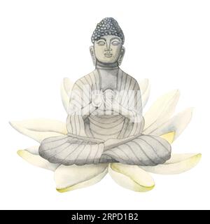 Buddha-Statue in Lotosblüten-handgezeichneter Aquarellzeichnung. Meditationselement für Yoga, buddhistische Entwürfe Stockfoto