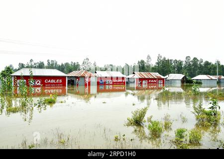 (190718) -- TANGAIL (BANGLADESCH), 18. Juli 2019 (Xinhua) -- teilweise untergetauchte Häuser sind am 18. Juli 2019 in einem von Überschwemmungen betroffenen Gebiet in Tangail, Bangladesch, abgebildet. Sturzfluten, die durch starke saisonale Regenfälle ausgelöst wurden, betrafen Teile von Bangladesch. (STR/Xinhua) BANGLADESCH-TANGAIL-FLOODPUBLICATIONXNOTXINXCHN Stockfoto