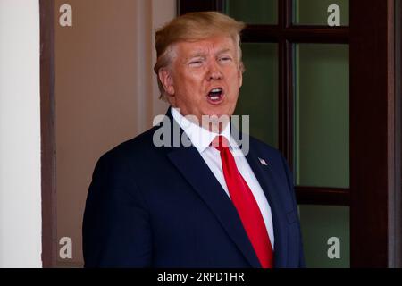 (190718) -- WASHINGTON, 18. Juli 2019 (Xinhua) -- US-Präsident Donald Trump spricht am 18. Juli 2019 vor den Medien im Weißen Haus in Washington D.C. in den Vereinigten Staaten. Donald Trump gab am Donnerstag bekannt, dass ein US-Kriegsschiff eine iranische Drohne in der Straße von Hormuz zerstörte. Im Weißen Haus sagte Trump, dass die USS Boxer, ein amphibisches Angriffsschiff der US Navy, die Drohne, die das US-Kriegsschiff bedrohte, zerstört habe, indem sie innerhalb von 1.000 Metern davon geflogen sei. (Xinhua/Ting Shen) US-WASHINGTON D.C.-TRUMP-IRAN-DROHNE PUBLICATIONxNOTxINxCHN Stockfoto