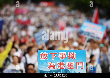 (190720) -- HONG KONG, 20. Juli 2019 -- Menschen nehmen an der Massenveranstaltung von Safeguard Hong Kong im Tamar Park im südchinesischen Hongkong am 20. Juli 2019 Teil. Mehr als 300.000 Menschen nahmen an der massiven Kundgebung hier am Samstag Teil, um die Rechtsstaatlichkeit zu unterstützen und sich gegen die Anwendung von Gewalt zu wenden. ) CHINA-HONG KONG-RALLY (CN) WangxShen PUBLICATIONxNOTxINxCHN Stockfoto