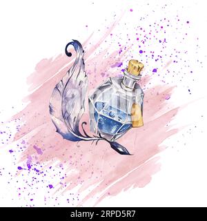 Aquarell handgemalte Bücher Illustration. Assistentenkonzept. Halloween-Design. Niedliche Katzen, magische Attribute. Für die Gestaltung von Postkarten, websi Stockfoto