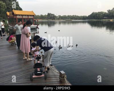 (190727) -- PEKING, 27. Juli 2019 -- Foto aufgenommen mit einem Mobiltelefon zeigt Menschen, die den Xihai Wetland Park in Peking, Hauptstadt von China, besuchen, 12. Juli 2019. ) (BeijingCandid)CHINA-BEIJING-SUMMER (CN) ChenxZhonghao PUBLICATIONxNOTxINxCHN Stockfoto