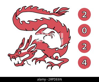 Chinesischer Drache Jahr 2024, Vektorillustration. Eine durchgehende Linienzeichnung des roten Drachen Stock Vektor