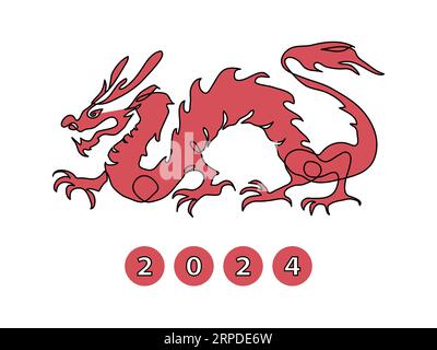Chinesischer Drache Jahr 2024, Vektorillustration. Eine durchgehende Linienzeichnung des roten Drachen Stock Vektor