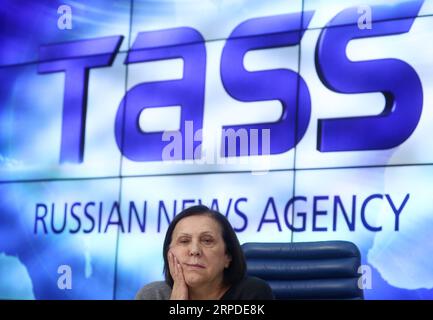 MOSKAU, RUSSLAND - 1. AUGUST 2019: Russische Basketballtrainerin Tatjana Owechkina während einer Pressekonferenz zum Alexander Owechkin Cup All-Russian Youth Ice Hockey Turnier, das vom 11. Bis 17. August in der Region Moskau stattfindet. /TASS Pressekonferenz zum Alexander Ovechkin Cup Jugend-Eishockeyturnier StanislavxKrasilnikov PUBLICATIONxNOTxINxCHN Stockfoto