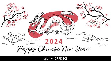 Dragon Year, glückliches chinesisches Neujahr 2024. Dragon Vector Poster, Banner mit Sakura-Blüte Stock Vektor