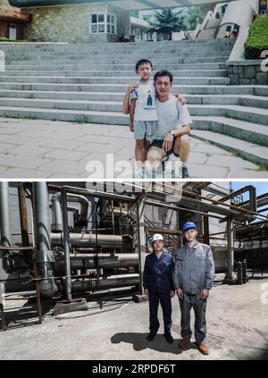 (190801) -- ANSHAN, 1. August 2019 -- Kombinationsfoto zeigt Luo Yuze und seinen Vater Luo Yuehui, Arbeiter der Ansteel Group Co., Ltd., zusammen im Jahr 1999 (oben) und am 21. Juni 2019. Der 70-jährige Ansteel wurde aus Trümmern in der Stadt Anshan im Nordosten Chinas geboren und war die Wiege der chinesischen Stahlindustrie sowie der erste Eisen- und Stahlriese, der nach der Gründung der Volksrepublik China vor 70 Jahren gebaut wurde. Derzeit kann Ansteel jährlich rund 40 Millionen Tonnen Eisen und Stahl produzieren. Der Stahl ist in vielen ikonischen Projekten zu finden, einschließlich der Großen Halle des Volkes, der Stockfoto