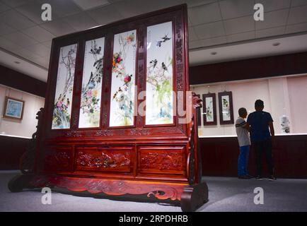 (190805) -- NANCHANG, 5. August 2019 -- Mao Guanghui (L) stellt seine Kreationen einem Besucher in der Ausstellungshalle eines Keramikforschungsinstituts in Jingdezhen, ostchinesische Provinz Jiangxi, am 31. Juli 2019 vor. Mao Guanghui, ein 56-jähriger älterer Meister der Kunst und des Handwerks in der Provinz Jiangxi, widmet sich seit seinem 13. Lebensjahr der Porzellanmalerei. Als Schüler von Deng Bishan (1874–1930), einem der acht Freunde von Zhushan, einer Gruppe von Jingdezhen-Handwerkern, die weithin für ihre Innovationen in der Porzellanmalerei bekannt sind, erbte Mao nicht nur die Fähigkeiten, sondern auch die Kunst von Stockfoto