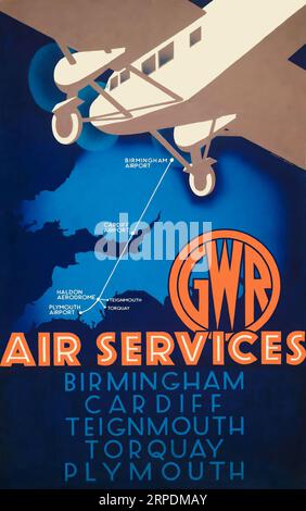 Vintage GWR Air Services Poster nach Birmingham, Cardiff, Teignmouth, Torquay und Plymouth, England Stockfoto