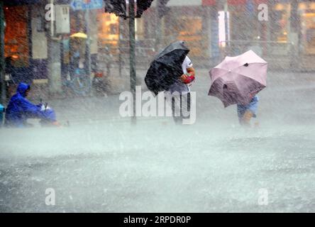 News Bilder des Tages China, Taifun Lekima (190810) -- SHANGHAI, 10. August 2019 -- Fußgänger gehen gegen starken Regen auf der Xinsong Road in Shanghai, Ostchina, 10. August 2019. Die zentrale Wetterstation in Shanghai aktualisierte den gelben Alarm bei starkem Regen auf den orangefarbenen Alarm am Samstagnachmittag, als der Taifun Lekima in der ostchinesischen Provinz Zhejiang landete. CHINA-SHANGHAI-TAIFUN LEKIMA (CN) LiuxYing PUBLICATIONxNOTxINxCHN Stockfoto