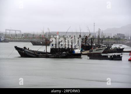 (190811) -- RIZHAO, 11. August 2019 -- Foto vom 11. August 2019 zeigt Schiffe, die im Hafen von Huanghai im Zentrum von Rizhao in der ostchinesischen Provinz Shandong anlanden. Alle Schiffe im Hafen von Huanghai Center wurden zurückgerufen, um das Ankommen des Supertyphoons Lekima zu vermeiden. Am Sonntag bewegte sich Lekima nach Norden und wird die Ostküste der Provinz Shandong hinaufziehen. Es wird erwartet, dass es am späten Sonntag eine zweite Landung entlang der Küste in Shandong machen wird, die starken Wind und starke Regenfälle bringt, warnte das National Meteorological Center. CHINA-SHANDONG-RIZHAO-TYPHOON-LEKIMA (CN) WANGXKAI PUBLICATIONXNOTXINXCHN Stockfoto