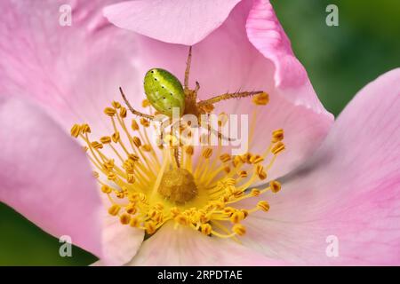 Gurkengrüne Spinne (Araniella cucurbitina) an der Blume einer Hunderose Stockfoto