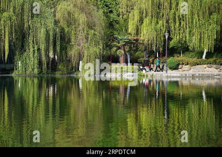 (190811) -- ANKANG, 11. August 2019 -- Menschen machen einen Spaziergang in einem Park in Ankang City, nordwestchinesische Provinz Shaanxi, 11. April 2019. In den letzten Jahren konzentrierte sich Ankang auf die grüne Entwicklung und verzeichnete ein rasches Wachstum umweltfreundlicher Industrien. Die Stadt hat auch einige arbeitsintensive Industrien gegründet, in denen Textilien und Spielzeug hergestellt werden, um Arbeitsplätze für einkommensschwache Bewohner zu schaffen. ) CHINA-SHAANXI-ANKANG-ECONOMY (CN) ShaoxRui PUBLICATIONxNOTxINxCHN Stockfoto