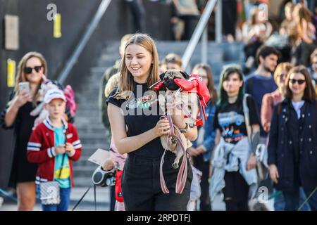 (190811) -- MOSKAU, 11. Aug. 2019 (Xinhua) -- Eine Frau und ihr Hund nehmen am 11. Aug. 2019 an der Hundepartei in Moskau, Russland, Teil. Die Doggie Party, ein Wettbewerb für Hunde, fand am Sonntag in Moskau statt. (Foto: Maxim Tschernawsky/Xinhua) RUSSLAND-MOSKAU-HUNDEPARTY PUBLICATIONxNOTxINxCHN Stockfoto