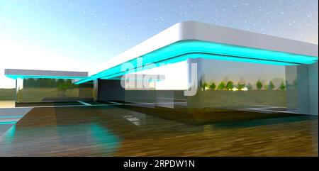 Glasfassade des stilvollen Vorstadtgebäudes mit leuchtendem LED-Dekor auf der Terrasse. 3D-Rendering. Stockfoto