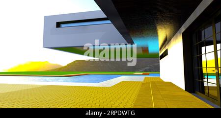 Blick auf die Berge Sonnenuntergang von der stilvollen Veranda des modernen Anwesens mit Konsolenstruktur Elemente. 3D-Rendering. Stockfoto