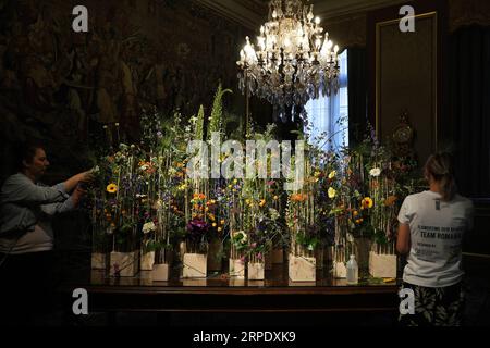 (190814) -- BRÜSSEL, 14. Aug. 2019 -- Blumenkünstler passen ihre Arbeit am ersten Tag der Flowertime-Ausstellung im Brüsseler Rathaus am 14. Aug. 2019 an. Jeden zweiten Sommer, im Wechsel mit dem Blumenteppich des Großen Platzes, erhält das Brüsseler Rathaus die Blütezeit. In diesem Jahr, während der fünftägigen Veranstaltung, verwenden Blumenkünstler aus vielen Ländern und Regionen mehr als 100.000 Blumen, um die historischen Räume des Rathauses zu dekorieren. ) BELGIEN-BRÜSSEL-FLOWERTIME-AUSSTELLUNG ZhengxHuansong PUBLICATIONxNOTxINxCHN Stockfoto