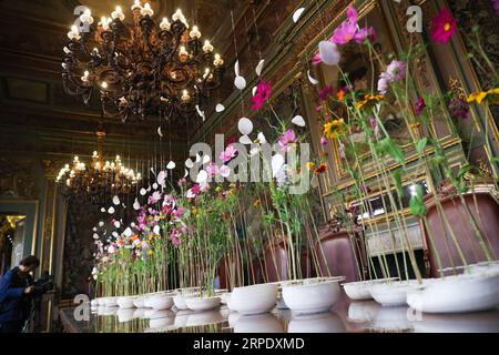 (190814) -- BRÜSSEL, 14. Aug. 2019 -- Eine Reporterin nimmt am ersten Tag der Flowertime-Ausstellung im Brüsseler Rathaus in Brüssel, Belgien, am 14. Aug. 2019 Ein Video eines Blumenwerks auf. Jeden zweiten Sommer, im Wechsel mit dem Blumenteppich des Großen Platzes, erhält das Brüsseler Rathaus die Blütezeit. In diesem Jahr, während der fünftägigen Veranstaltung, verwenden Blumenkünstler aus vielen Ländern und Regionen mehr als 100.000 Blumen, um die historischen Räume des Rathauses zu dekorieren. ) BELGIEN-BRÜSSEL-FLOWERTIME-AUSSTELLUNG ZhengxHuansong PUBLICATIONxNOTxINxCHN Stockfoto