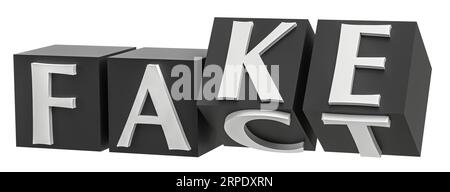 Würfel mit Buchstaben werden umgedreht, und die Wörter ändern sich von FAKT zu FAKE. Isoliert auf weißem Hintergrund Stockfoto