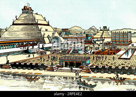 Wiederaufbau des zeremoniellen Zentrums von Tenochtitlan, einschließlich des Templo Mayor. Von Donn Philip Crane (1878-1944). Tenochtitlan, auch bekannt als Mexico-Tenochtitlan, war ein großes mexikanisches Altepetl im heutigen historischen Zentrum von Mexiko-Stadt. Die Stadt wurde auf einer Insel im damaligen Lake Texcoco im Tal Mexikos erbaut. Die Stadt war im 15. Jahrhundert die Hauptstadt des Aztekenreiches, bis sie 1521 von den Spaniern eingenommen wurde. Stockfoto