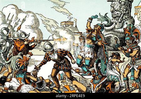 Pedro de Alvarado führt ein Massaker an aztekischen Adligen an. Während Cortés Abwesenheit verschlechterten sich die Beziehungen zwischen den Spaniern und ihren Gastgebern, und Pedro de Alvarado (1485–1541) führte ein Massaker an aztekischen Adligen und Priestern, die ein religiöses fest beobachteten. Stockfoto