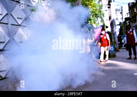 (190818) -- DHAKA, 18. August 2019 (Xinhua) -- Ein Arbeiter sprüht am 18. August 2019 in Dhaka, Bangladesch, Anti-Mückenbeschlag, um das Dengue-Fieber zu kontrollieren. Die bangladeschische Regierung hat am Sonntag die wahrscheinliche Zahl der Dengue-Todesfälle in diesem Land in dieser Fiebersaison auf 70 erhöht und die staatlichen Behörden um koordiniertere Anstrengungen gebeten, um den Ausbruch der Krankheit einzudämmen, die von mehreren Mückenarten innerhalb der Gattung Aedes übertragen wird. (STR/Xinhua) BANGLADESCH-DHAKA-DENGUE-FIEBER-ANTI-MÜCKEN-PUBLICATIONxNOTxINxCHN Stockfoto