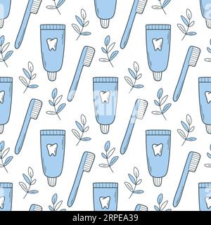 Nahtloses Muster für Zahnbürste und Zahnpasta. Mundhygienehintergrund. Druck zum Thema Zahnheilkunde. Modell für Textil, Papier, Design, Vektorillustratio Stock Vektor