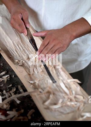 (190823) -- LANKAO, 23. August 2019 -- Xu Bing macht einen Guqin in seinem Atelier im Dorf Xuchang, Landkreis Lankao der zentralchinesischen Provinz Henan, 21. August 2019. Xu Bing, geboren 1991, ist ein Dorfbewohner im Dorf Xuchang im Lankao County in Henan. Fasziniert von der traditionellen chinesischen Kultur und Guqin, einem siebensaitigen traditionellen chinesischen Instrument, kehrte Xu Bing nach seinem Abschluss in seine Heimatstadt zurück und begann, die Herstellung und Aufführung von Guqin im Dorf Xuchang zu lernen, das für seine Kultur der Volksinstrumente berühmt ist. Um die Fähigkeit der Herstellung von Guqin zu erlernen, ist dies ein kompliziertes Verfahren Stockfoto