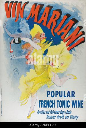 Englischsprachiges Poster für Vin Mariani, 1894. Nach einem Werk von Jules Cheret. VIN Mariani war ein französischer Coca-Wein und Patentmedizin. Er kombinierte Wein mit Kokain und wurde weitgehend exportiert. Stockfoto