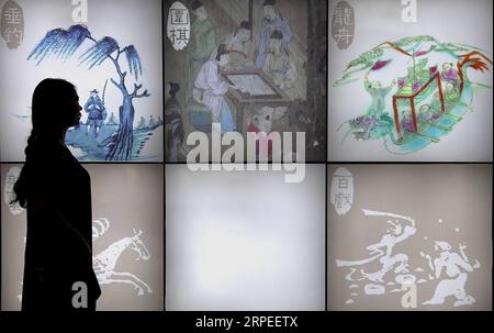 (190827) -- ZHENGZHOU, 27. August 2019 -- Ein Besucherblick auf Tafeln, die den alten chinesischen Sport während der Ausstellung des chinesischen Sporterbes im Zhengzhou Museum in Zhengzhou, der Hauptstadt der zentralchinesischen Provinz Henan, am 26. August 2019 zeigen. Rund 175 Exponate waren während der Ausstellung zu sehen, die hier am Montag begann. ) CHINA-ZHENGZHOU-AUSSTELLUNG-ANTIKE CHINESISCHE SPORT (CN) LIXAN PUBLICATIONXNOTXINXCHN Stockfoto