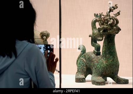 (190827) -- ZHENGZHOU, 27. August 2019 -- Ein Besucher fotografiert eine Ausstellung während einer Ausstellung im Zhengzhou Museum in der zentralchinesischen Provinz Henan, 27. August 2019. Die Ausstellung über bedeutende archäologische Entdeckungen und Forschungserfolge in Henan in den letzten 70 Jahren begann hier am Dienstag mit 1.225 Exponaten. ) CHINA-HENAN-MUSEUM-AUSSTELLUNG (CN) LixAn PUBLICATIONxNOTxINxCHN Stockfoto