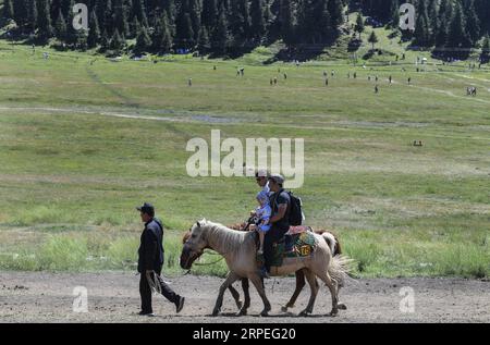 (190828) -- ÜRÜMQI, 28. August 2019 -- Touristen reiten Pferde in der malerischen Gegend des Tianshan Grand Canyon im Nordwesten Chinas Xinjiang Uygur Autonomous Region, 8. August 2019. Eine wachsende Zahl von Anwohnern verdient Geld aus dem aktuellen Tourismusboom in Xinjiang. Im ersten Halbjahr 2019 waren mehr als 32.000 Menschen in der Tourismusbranche beschäftigt. ) CHINA-XINJIANG-ECONOMY-TOURISM-EMPLOYMENT (CN) WANGXFEI PUBLICATIONXNOTXINXCHN Stockfoto