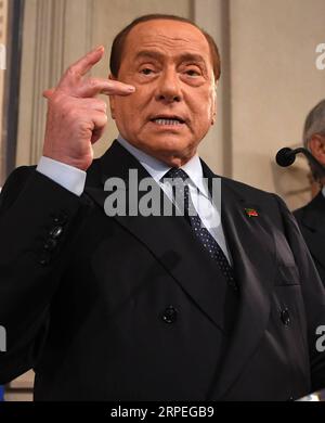 (190828) -- ROM, 28. August 2019 (Xinhua) -- der ehemalige italienische Premierminister Silvio Berlusconi spricht am 28. August 2019 im Palazzo del Quirinale in Rom, Italien. Der italienische Präsident Sergio Mattarella wird am Donnerstag den scheidenden Premierminister Giuseppe Conte einberufen, um ihn zu bitten, eine neue Koalitionsregierung zu bilden. (Foto von Alberto Lingria/Xinhua) ITALIEN-ROM-PRÄSIDENT-POLITISCHE PARTEIEN-GESPRÄCHE PUBLICATIONxNOTxINxCHN Stockfoto