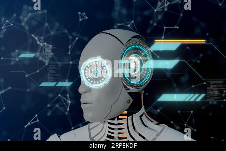 Roboterdenken und Big-Data-Prozess, 3D-Rendering von Illustrationen Stockfoto
